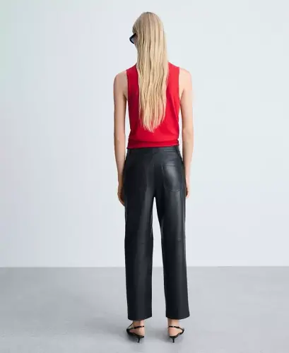 Women's Leather-Effect Straight Trousers - Black - 6