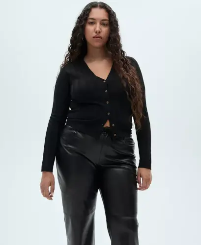 Women's Leather-Effect Straight Trousers - Black - 8