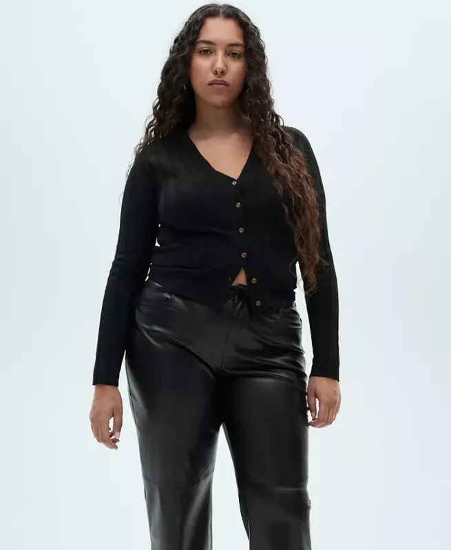 Women's Leather-Effect Straight Trousers - Black - 8