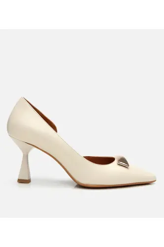 Kadın Deri Ekru Orta Topuklu Stiletto-KEMİK - 1