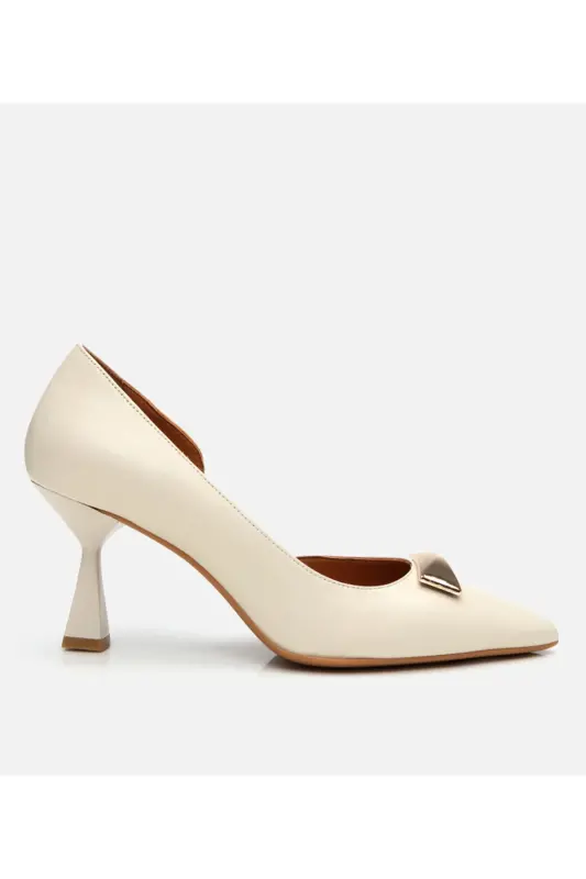 Kadın Deri Ekru Orta Topuklu Stiletto-KEMİK - 1
