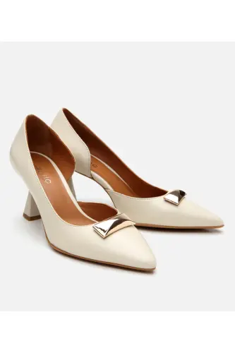 Kadın Deri Ekru Orta Topuklu Stiletto-KEMİK - Hotiç (1)