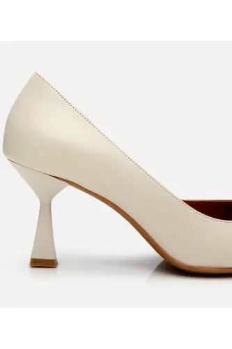 Kadın Deri Ekru Orta Topuklu Stiletto-KEMİK - 3