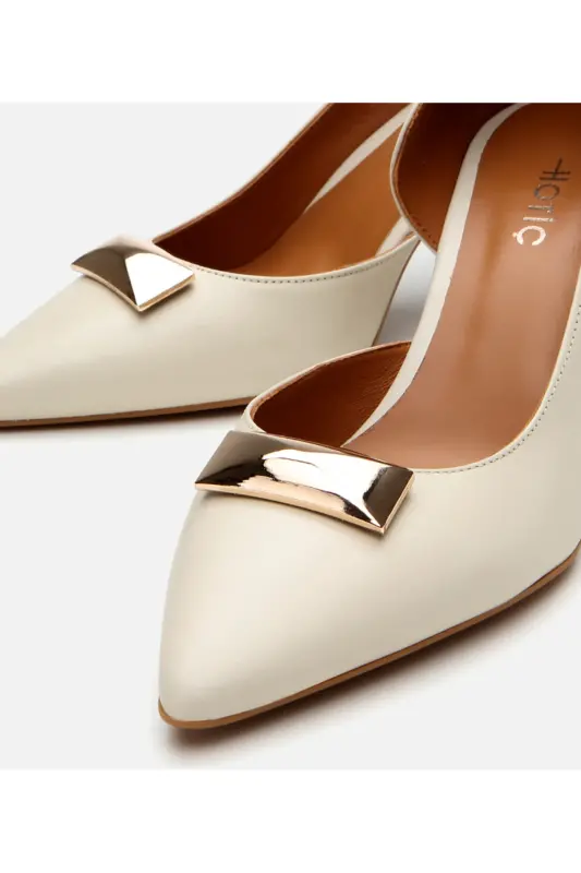 Kadın Deri Ekru Orta Topuklu Stiletto-KEMİK - 4