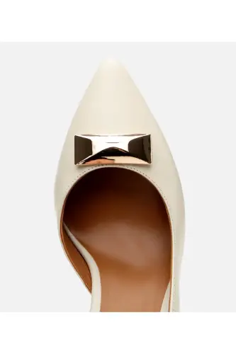 Kadın Deri Ekru Orta Topuklu Stiletto-KEMİK - 5