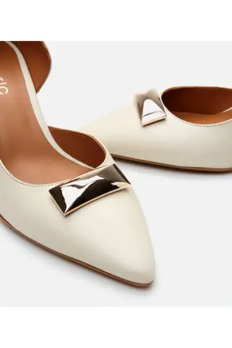 Kadın Deri Ekru Orta Topuklu Stiletto-KEMİK - 8