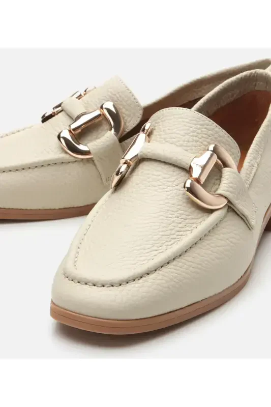 Kadın Deri Ekru Tokalı Günlük Loafer-EKRU - 3