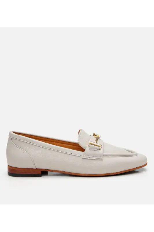 Kadın Deri Ekru Tokalı Klasik Loafer - KEMİK-ECRU - HOTIÇ