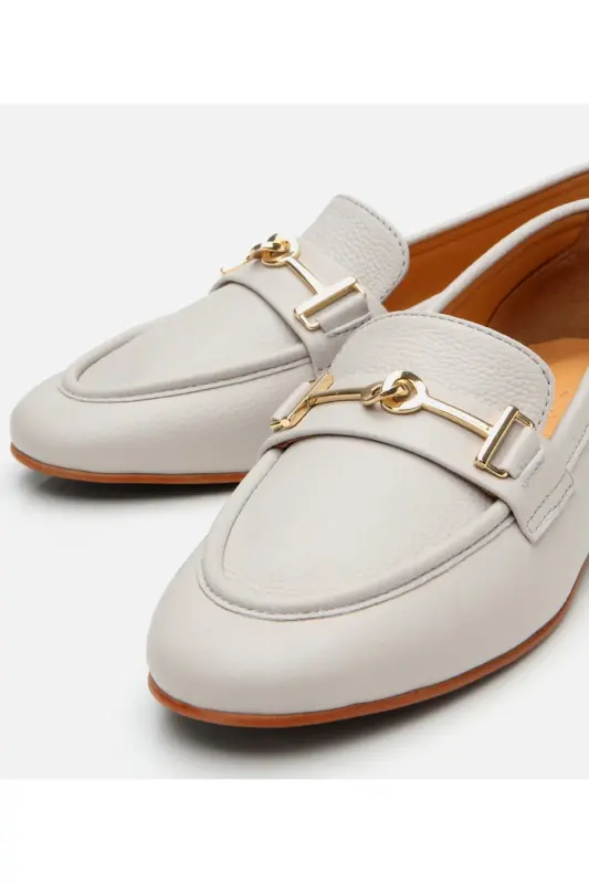 Kadın Deri Ekru Tokalı Klasik Loafer - KEMİK-ECRU - 4