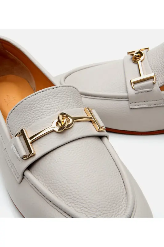 Kadın Deri Ekru Tokalı Klasik Loafer - KEMİK-ECRU - 7