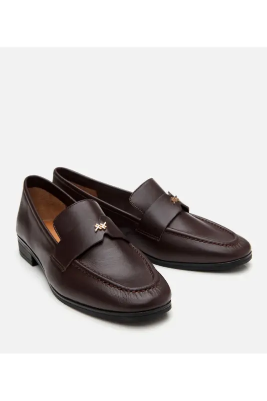 Kadın Deri Kahverengi Logo Detaylı Loafer-KAHVE - 2