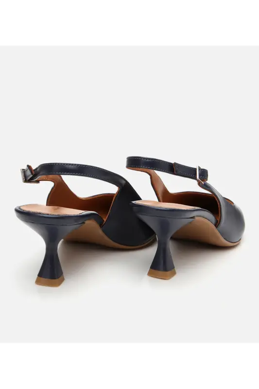 Kadın Deri Lacivert Esnek Tabanlı Arkası Açık Topuklu Ayakkabı-LACİVERT - 6