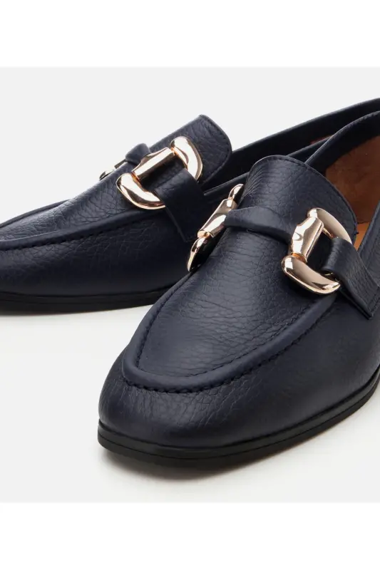Kadın Deri Lacivert Tokalı Günlük Loafer-LACİVERT - 3