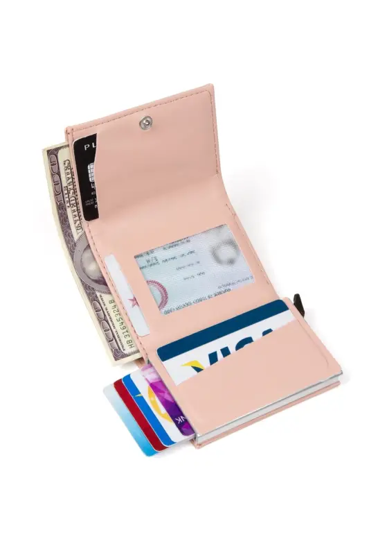 Kadın Deri Mekanizmalı Kartlık Cüzdan - Pembe - Pudra - 4