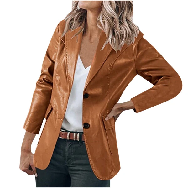 Dezsed Womens Faux Leather Blazer Jacket Women's Fashion Casual Lapel Collar Button Pocket Temperament Motorcycle Jacket Leather Jacket Coat Brown M- - SHENGXINY