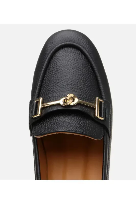 Kadın Deri Siyah Tokalı Klasik Loafer-SİYAH - 5