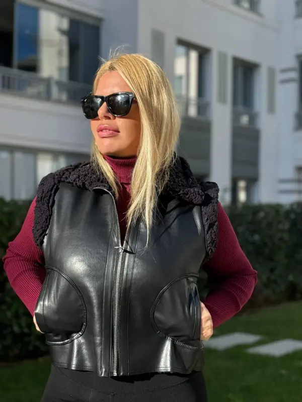 Kadın Deri Yelek Yakası Kürklü Crop Yelek Siyah 744 - 2