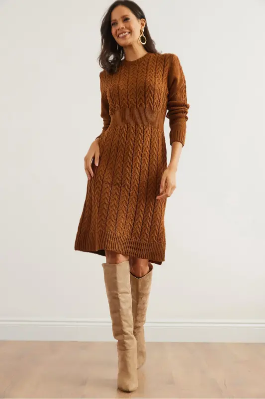 Kadın Deve Tüyü Beli Bantlı Yırtmaçlı Saç Örgü Mini Elbise ELB-19002289-Deve Tüyü - OLALOOK