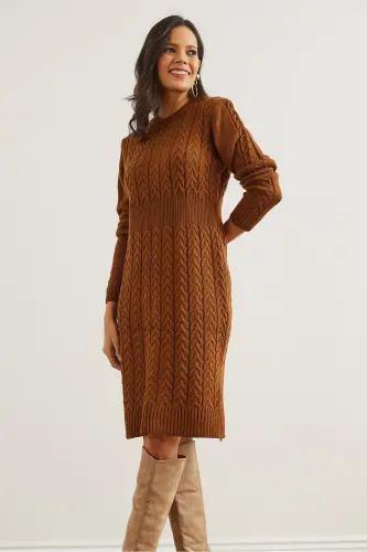 Kadın Deve Tüyü Beli Bantlı Yırtmaçlı Saç Örgü Mini Elbise ELB-19002289-Deve Tüyü - 2