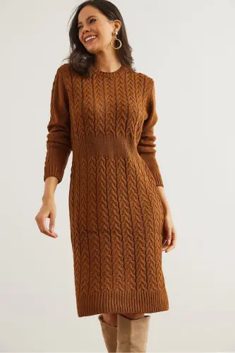 Kadın Deve Tüyü Beli Bantlı Yırtmaçlı Saç Örgü Mini Elbise ELB-19002289-Deve Tüyü - 4