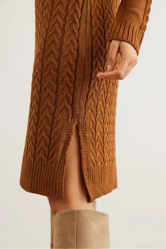 Kadın Deve Tüyü Beli Bantlı Yırtmaçlı Saç Örgü Mini Elbise ELB-19002289-Deve Tüyü - 5