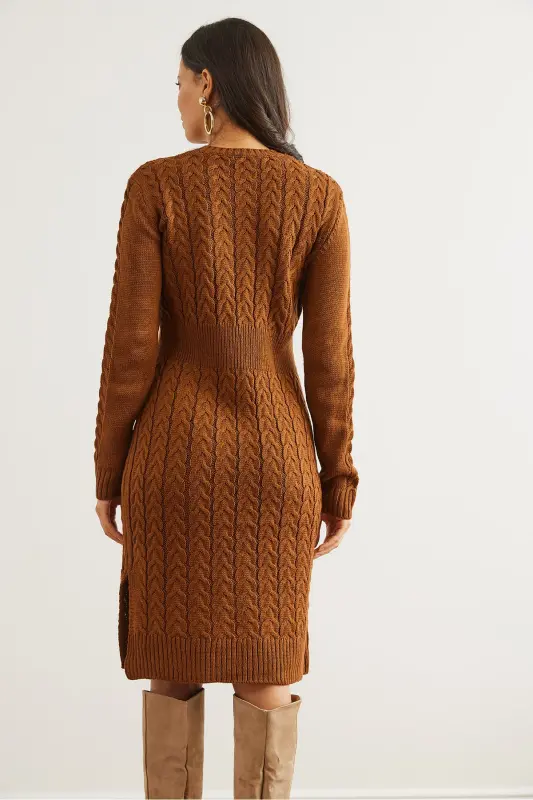 Kadın Deve Tüyü Beli Bantlı Yırtmaçlı Saç Örgü Mini Elbise ELB-19002289-Deve Tüyü - 6