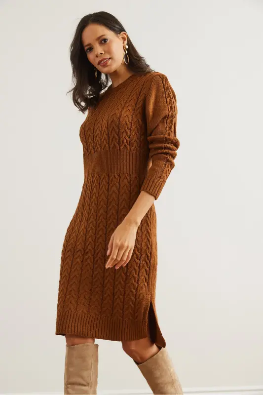 Kadın Deve Tüyü Beli Bantlı Yırtmaçlı Saç Örgü Mini Elbise ELB-19002289-Deve Tüyü - 3