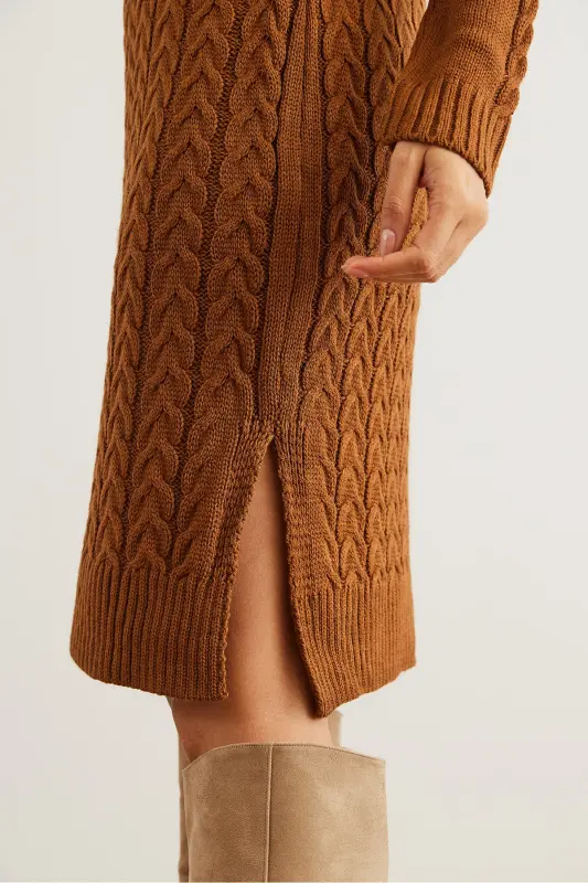 Kadın Deve Tüyü Beli Bantlı Yırtmaçlı Saç Örgü Mini Elbise ELB-19002289-Deve Tüyü - 5