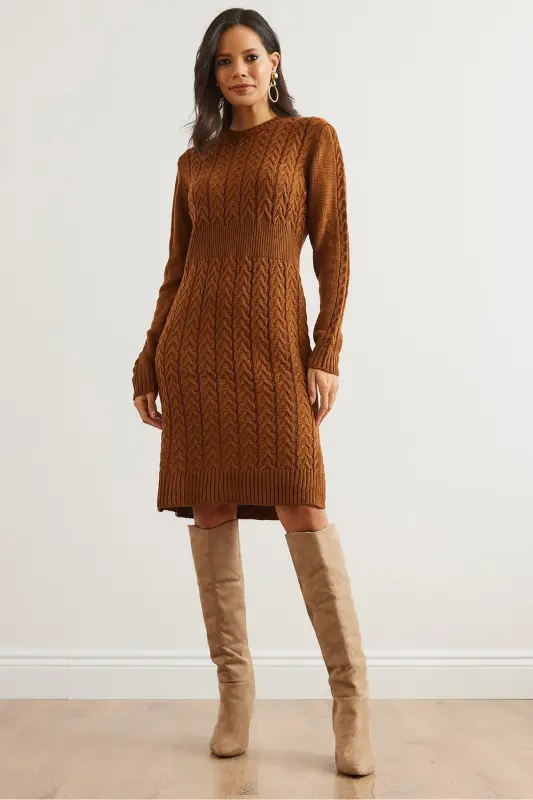 Kadın Deve Tüyü Beli Bantlı Yırtmaçlı Saç Örgü Mini Elbise ELB-19002289-Deve Tüyü - 7