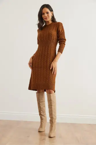 Kadın Deve Tüyü Beli Bantlı Yırtmaçlı Saç Örgü Mini Elbise ELB-19002289-Deve Tüyü - 8