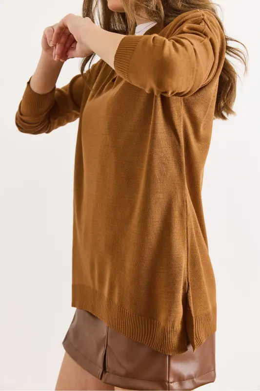 Kadın Deve Tüyü Polo Yaka Basic Triko Kazak KZK-19000871-Deve Tüyü - 4