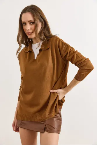 Kadın Deve Tüyü Polo Yaka Basic Triko Kazak KZK-19000871-Deve Tüyü - 5