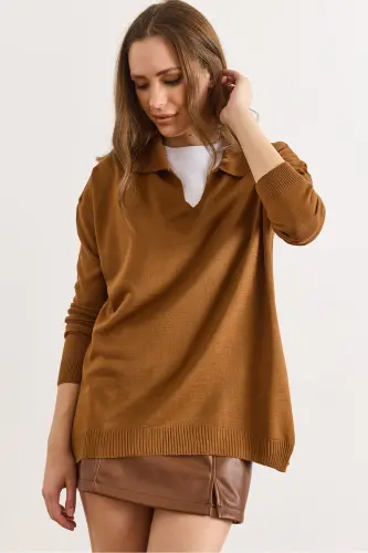 Kadın Deve Tüyü Polo Yaka Basic Triko Kazak KZK-19000871-Deve Tüyü 