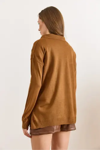 Kadın Deve Tüyü Polo Yaka Basic Triko Kazak KZK-19000871-Deve Tüyü - OLALOOK (1)