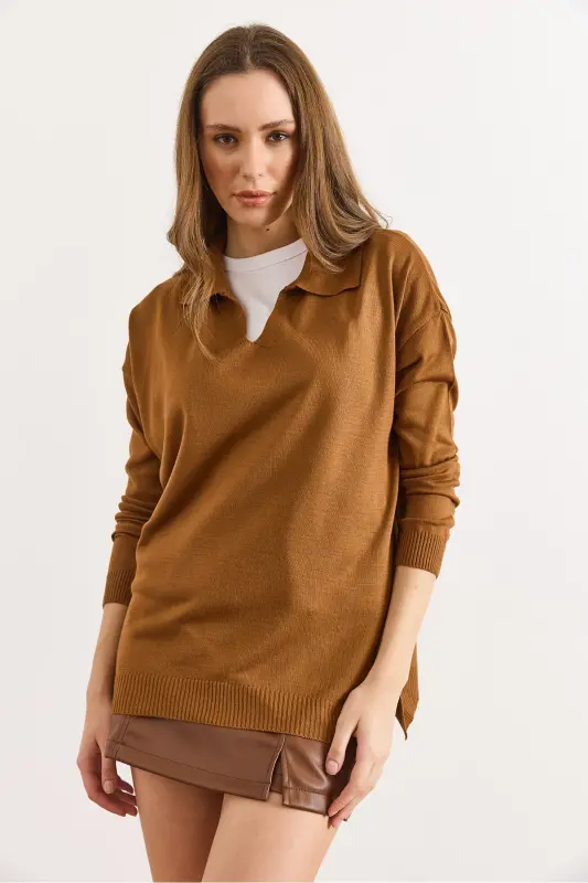 Kadın Deve Tüyü Polo Yaka Basic Triko Kazak KZK-19000871-Deve Tüyü - 3