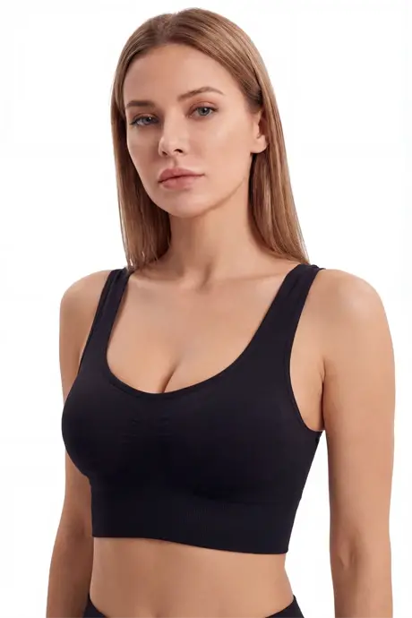 Kadın Dikişsiz Kalın Askılı Esnek Pedli Toparlayıcı Büstiyer Siyah - BÜYÜKBEDENIZ