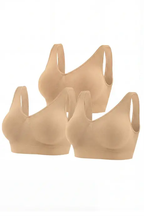 Kadın Dikişsiz Kalın Askılı Esnek Pedli Toparlayıcı Büstiyer Ten 3'lü Paket - BÜYÜKBEDENIZ