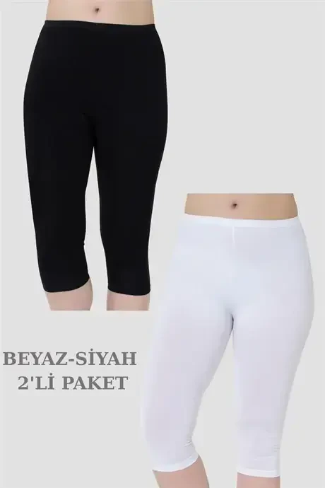 Kadın Diz Altı Kapri Boy Penye Tayt Beyaz - Siyah 2'li Paket - 1