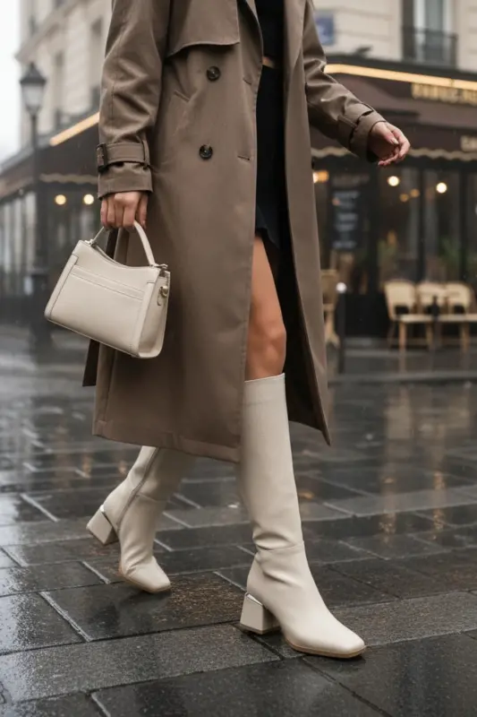 Kadın Diz Altı Kırışık Krem Topuklu Parlak Detaylı Fermuarlı Deri Görünümlü Uzun Çizme-Kırışık Rugan Krem - 2