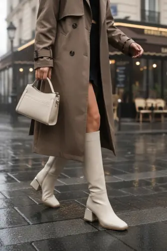 Kadın Diz Altı Kırışık Krem Topuklu Parlak Detaylı Fermuarlı Deri Görünümlü Uzun Çizme-Kırışık Rugan Krem - 2