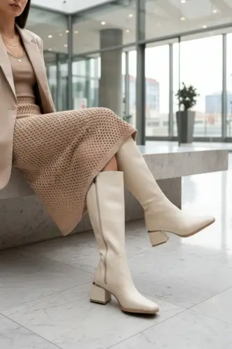 Kadın Diz Altı Kırışık Krem Topuklu Parlak Detaylı Fermuarlı Deri Görünümlü Uzun Çizme-Kırışık Rugan Krem - 4