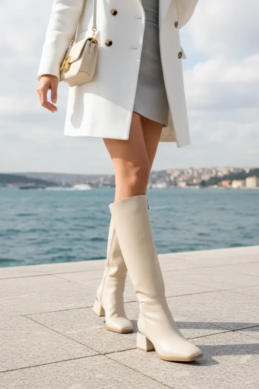 Kadın Diz Altı Kırışık Krem Topuklu Parlak Detaylı Fermuarlı Deri Görünümlü Uzun Çizme-Kırışık Rugan Krem - 6