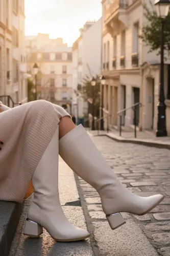 Kadın Diz Altı Krem Topuklu Parlak Detaylı Fermuarlı Deri Görünümlü Uzun Çizme-Krem - 4