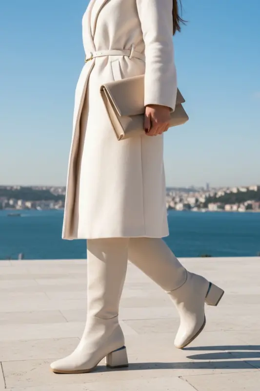 Kadın Diz Altı Krem Topuklu Parlak Detaylı Fermuarlı Deri Görünümlü Uzun Çizme-Krem - 6