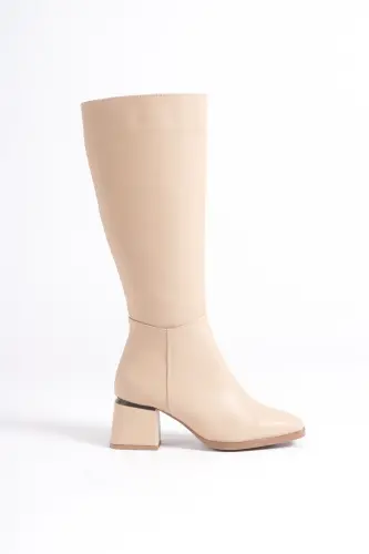 Kadın Diz Altı Nut Topuklu Parlak Detaylı Fermuarlı Deri Görünümlü Uzun Çizme-Nut - 7