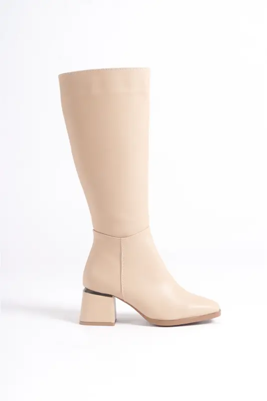 Kadın Diz Altı Nut Topuklu Parlak Detaylı Fermuarlı Deri Görünümlü Uzun Çizme-Nut - 7