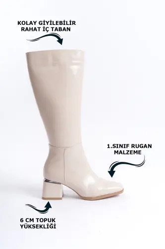 Kadın Diz Altı Rugan Krem Topuklu Parlak Detaylı Fermuarlı Parlak Uzun Çizme-Rugan Krem - 3