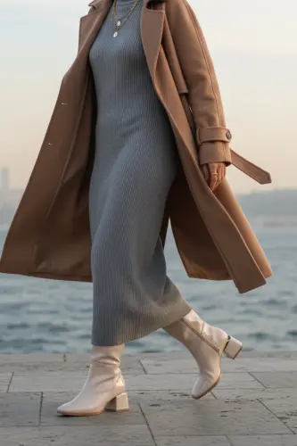 Kadın Diz Altı Rugan Krem Topuklu Parlak Detaylı Fermuarlı Parlak Uzun Çizme-Rugan Krem - 6