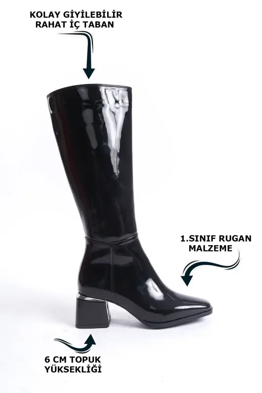 Kadın Diz Altı Rugan Siyah Topuklu Parlak Detaylı Fermuarlı Parlak Uzun Çizme-Parlak Siyah - 3