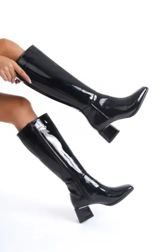 Kadın Diz Altı Rugan Siyah Topuklu Parlak Detaylı Fermuarlı Parlak Uzun Çizme-Parlak Siyah - 7